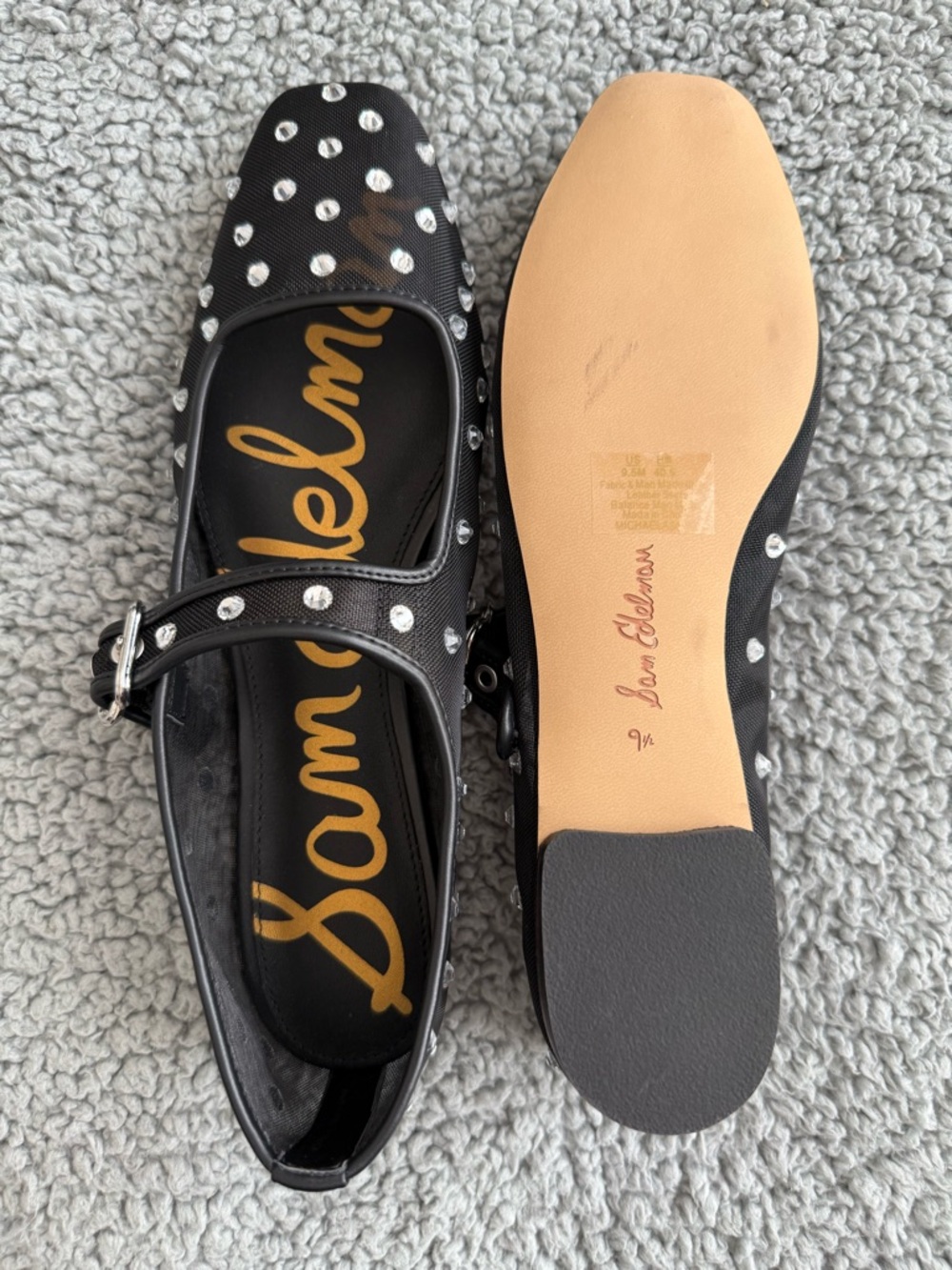 New Sam Edelman Black Crystal-Studded Mesh Mary Jane Flats